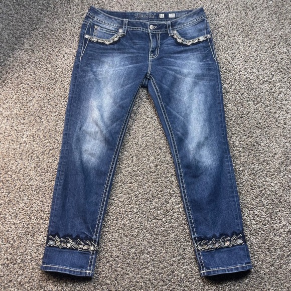 Miss Me Women's 32x27 Jeans Mid Rise Skinny Blue Embroidered Pocket Stretch - Picture 2 of 9